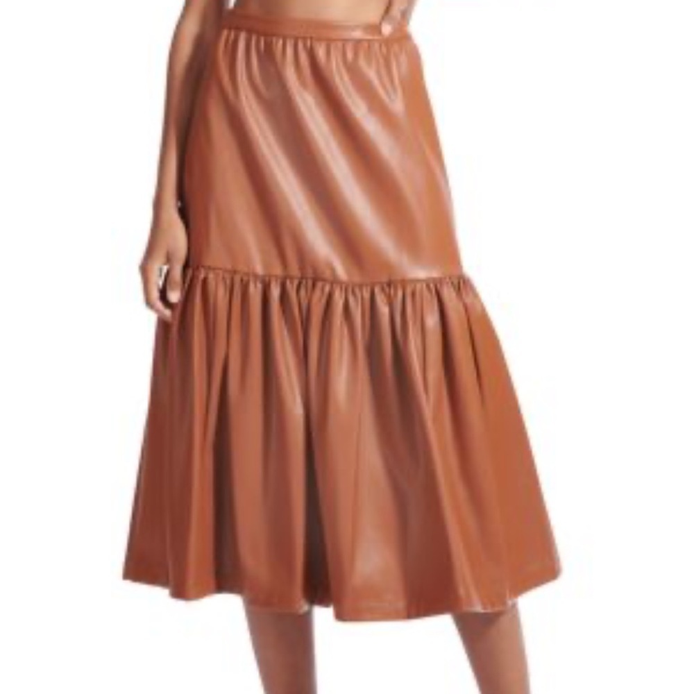 STAUD Faux Leather Tiered Midi Skirt in Caramel Brown
